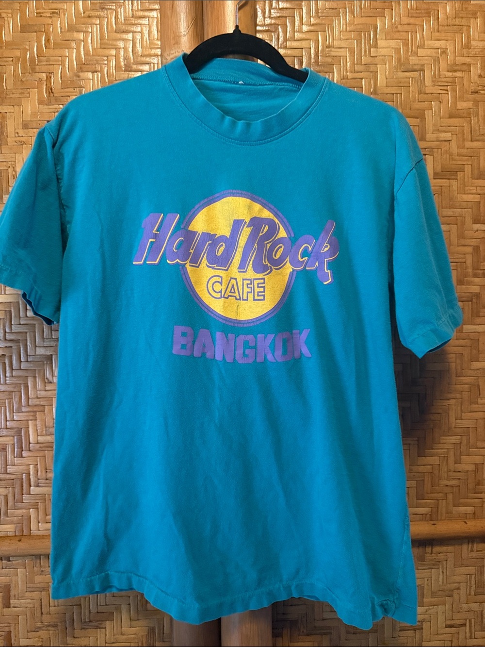 Vintage Hard Rock Teal Tee Shirt w/ Yellow Purple Logo single stitch medium